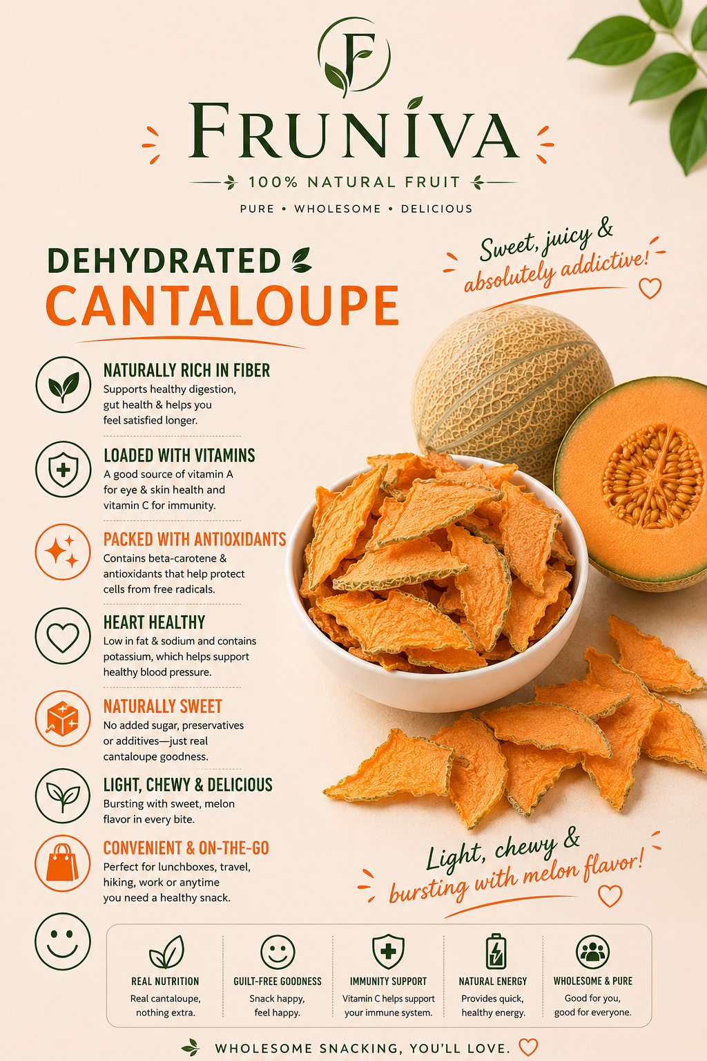 Premium Dehydrated Cantaloupe - No Sugar Added Healthy Snack