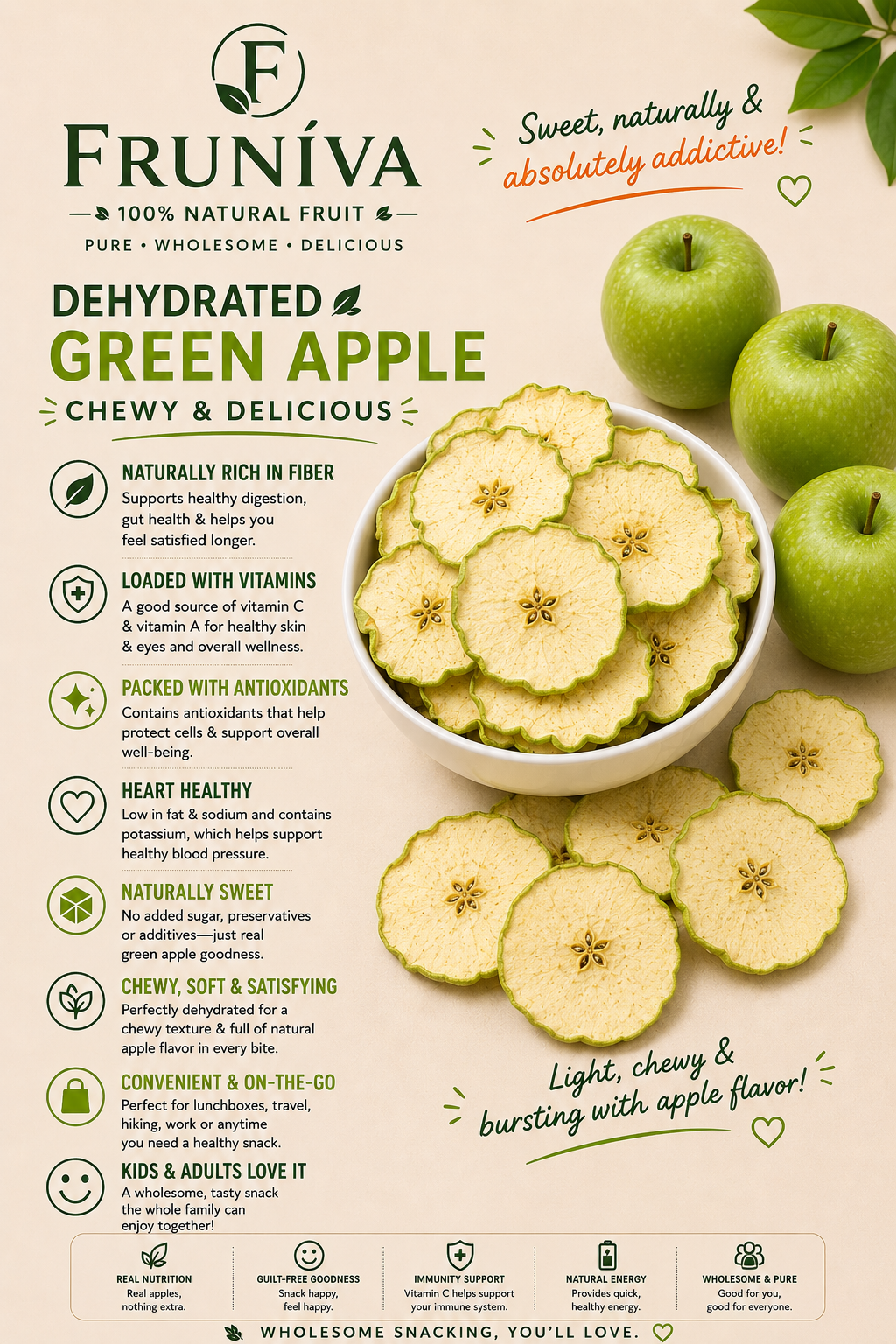 Premium Dehydrated Green Apple - No Sugar Added Healthy Snack