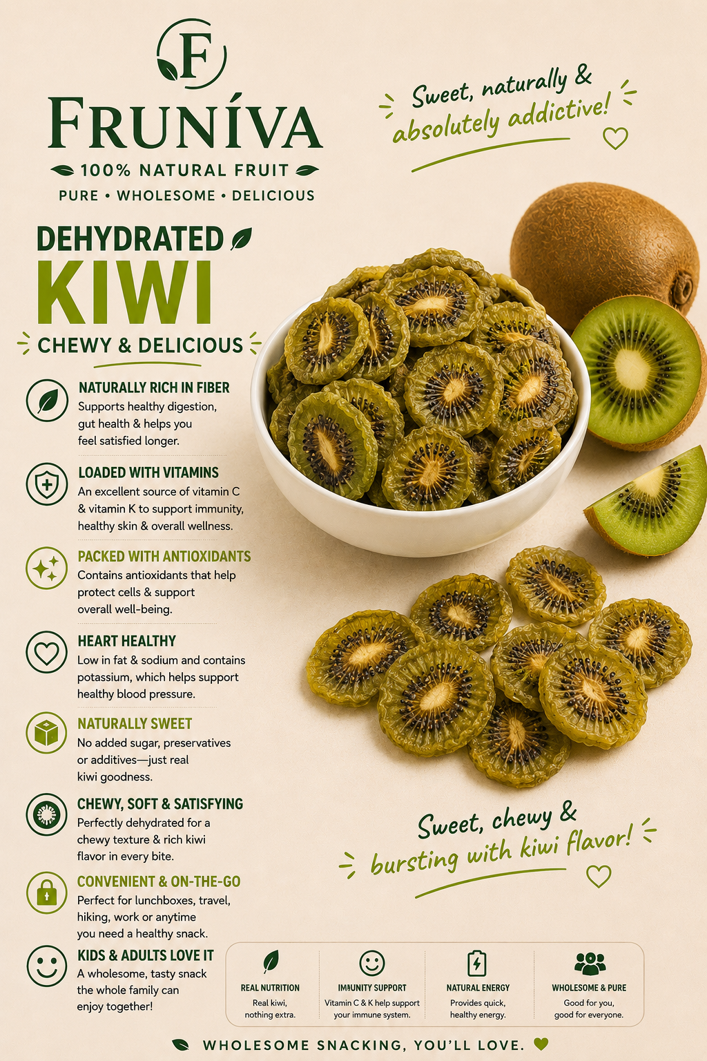 Premium Dehydrated Kiwi - No Sugar Added Healthy Snack