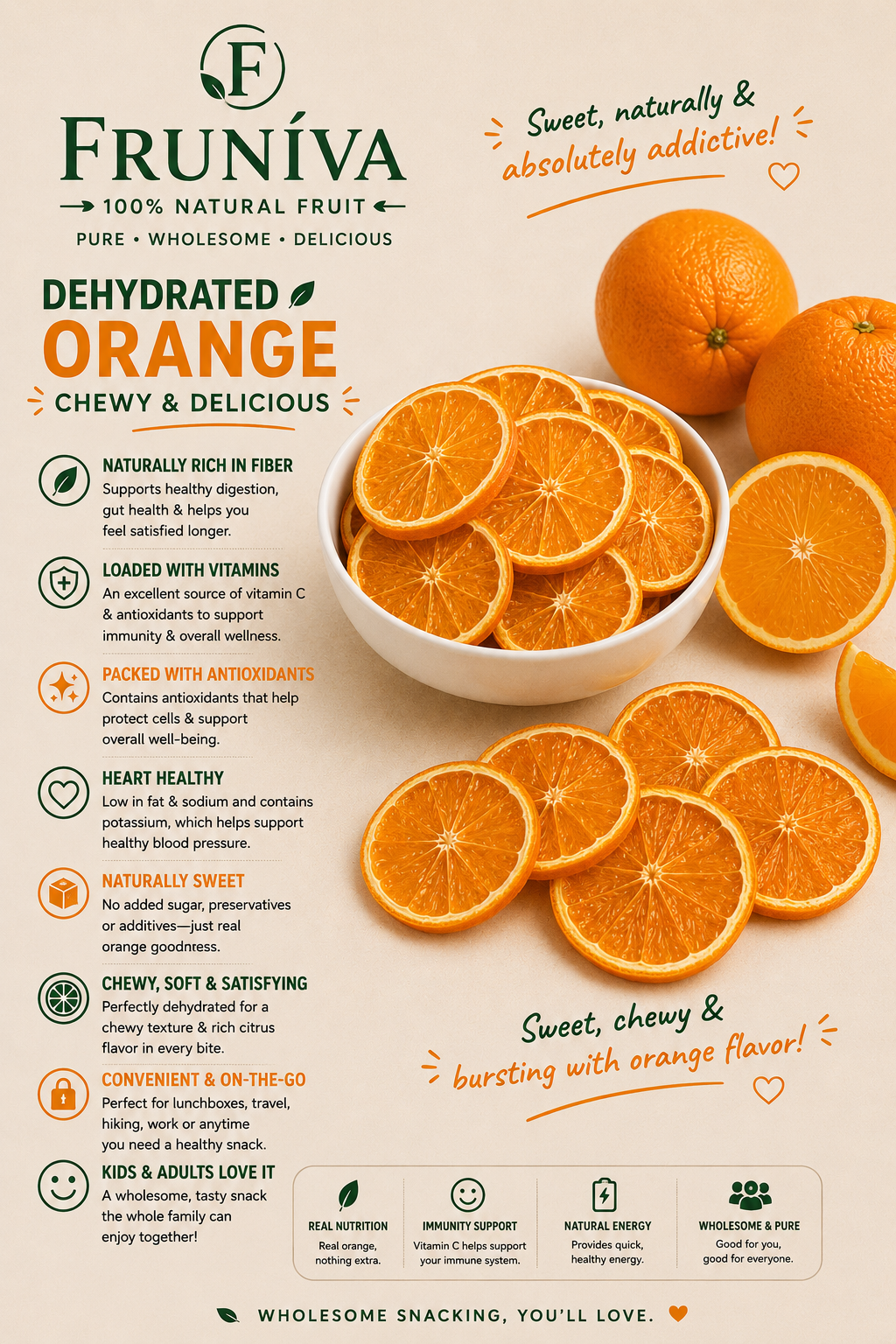 Premium Dehydrated Orange - No Sugar Added Healthy Snack