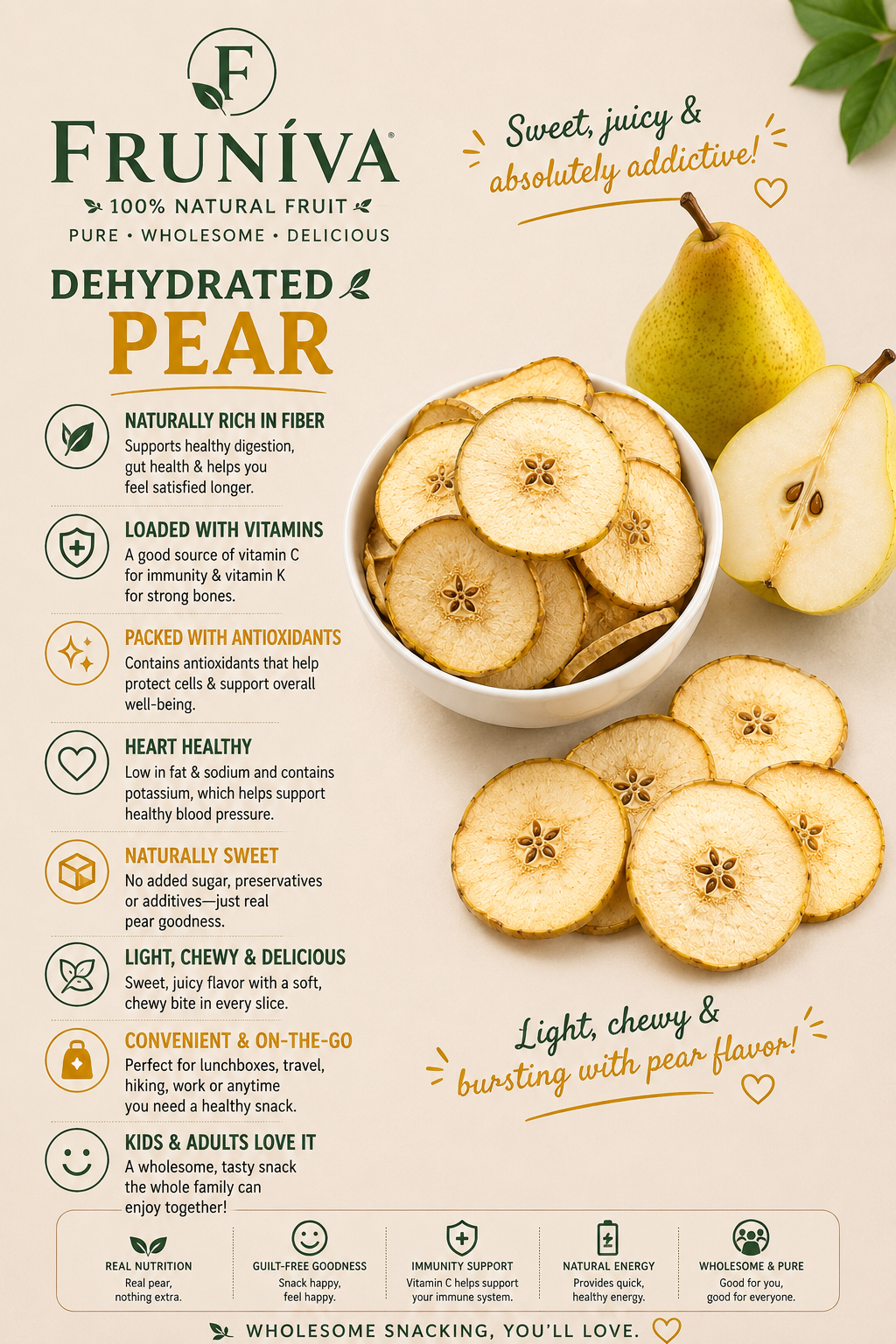 Premium Dehydrated Pear - No Sugar Added Healthy Snack