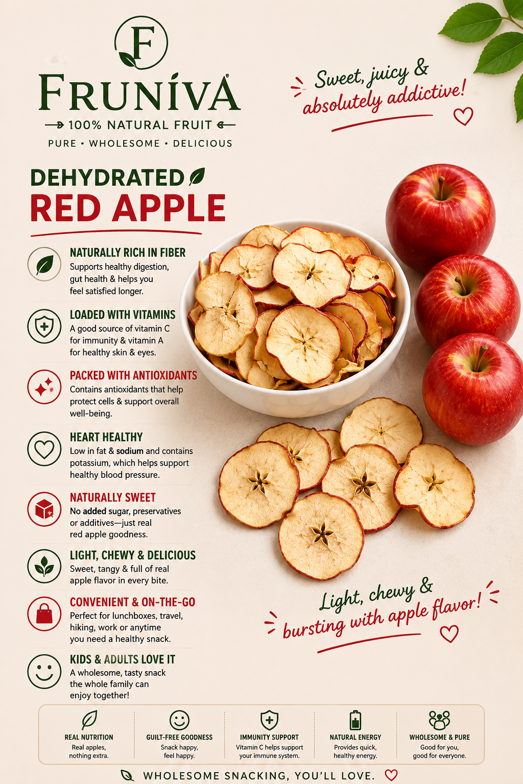 Premium Dehydrated Red Apple-No Sugar Added Healthy Snack